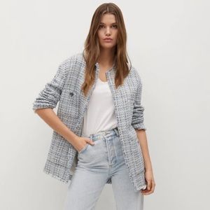Mango Pocket Tweed Jacket Light Blue